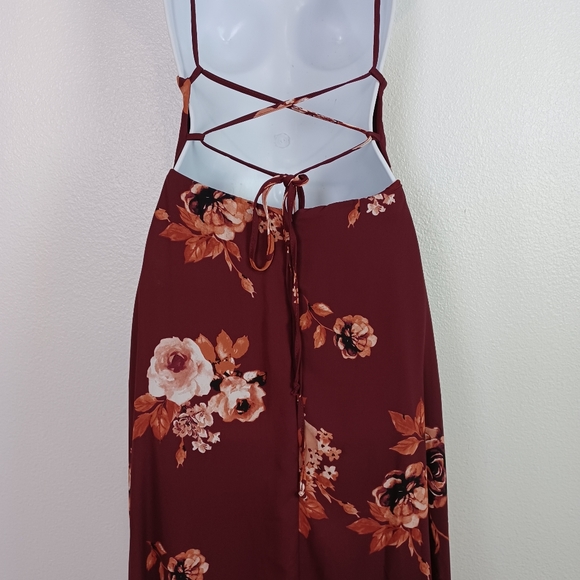 Lulu's Rancho Burgundy Floral Print Lace-Up Maxi Dress Women's Size S - Picture 11 of 14